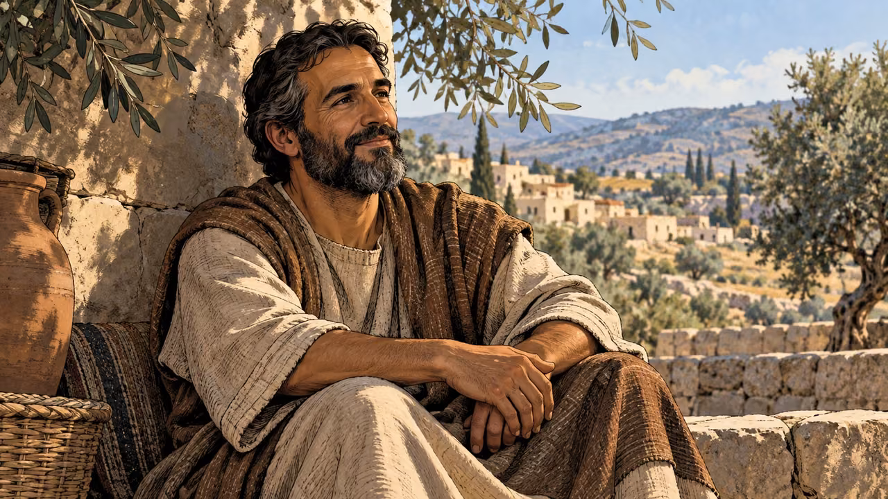 A mature adult man rests calmly with relaxed hands and shoulders in soft natural shade.