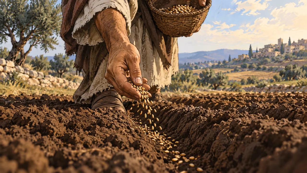 A grown farmer’s hand sows grain into a carefully prepared furrow, low close earth-level view with the full hand visible.