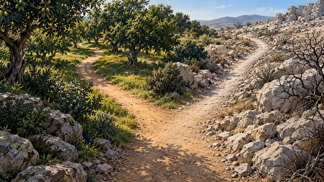 An empty branching earth trail leads toward green orchard trees and a bare stony hillside.