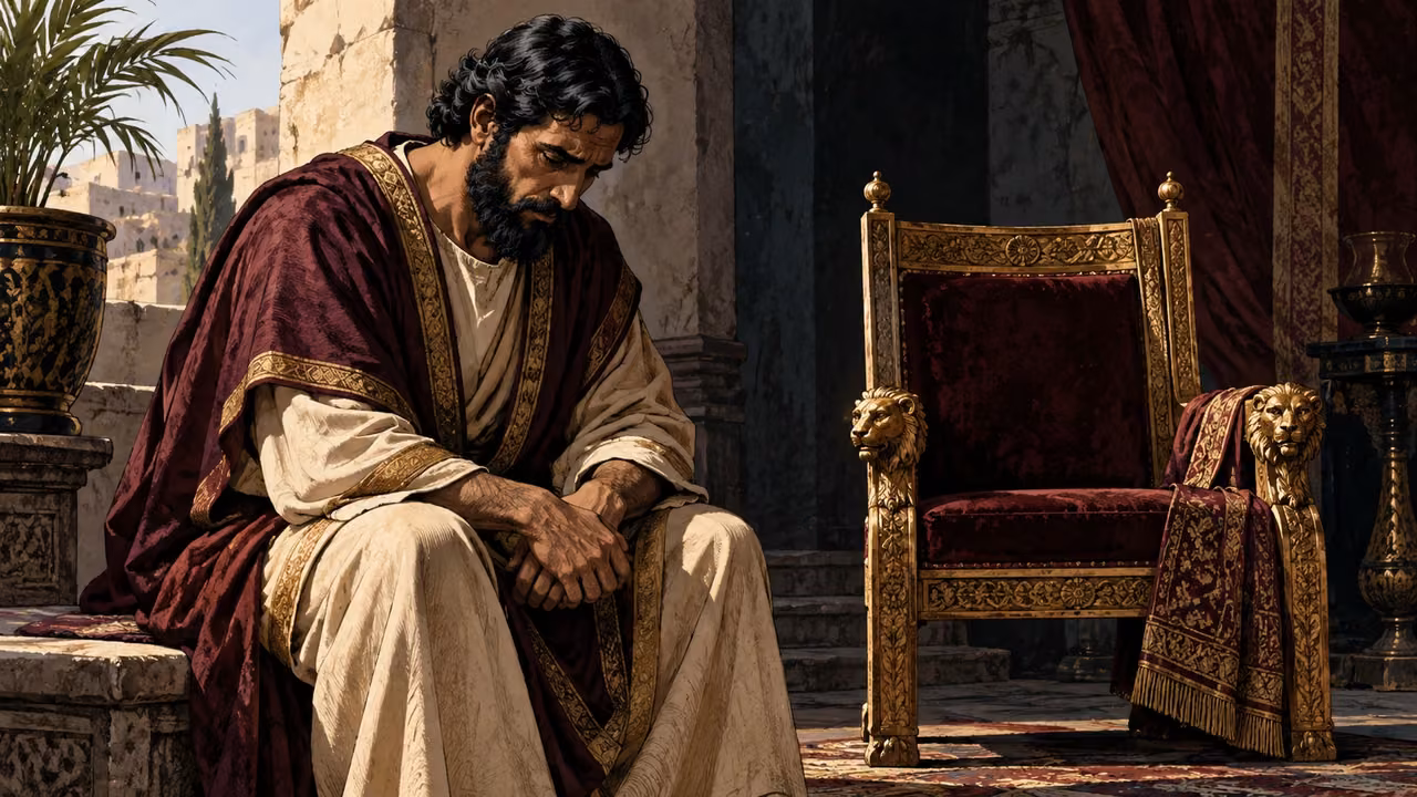 A richly robed adult sits alone with a lowered gaze beside an empty ornate chair, tight sober portrait with no spectators.