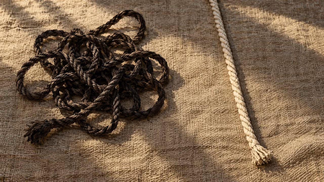 A twisted dark cord lies tangled beside a straight pale cord on rough linen, tactile overhead still life.