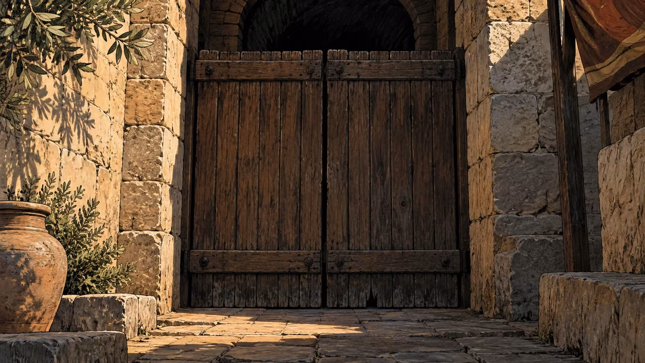A tightly closed plain wooden gate blocks a shadowed passage, low architectural close view with no prisoner or guards.