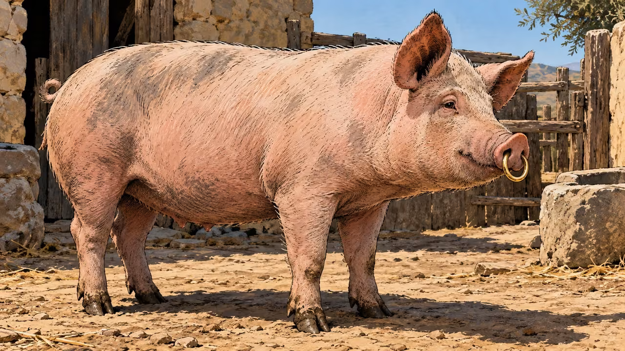 A healthy ordinary pig stands calmly in a bare farmyard with one plain unlettered gold ring visibly in its snout, close natural side portrait.