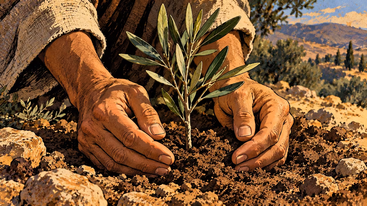 A grown adult’s open hands shelter a fresh living olive shoot in earth, isolated high close view.