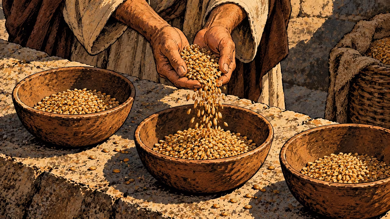 An adult’s open hands distribute handfuls of grain into three plain bowls on a stone counter, high oblique view with no faces.