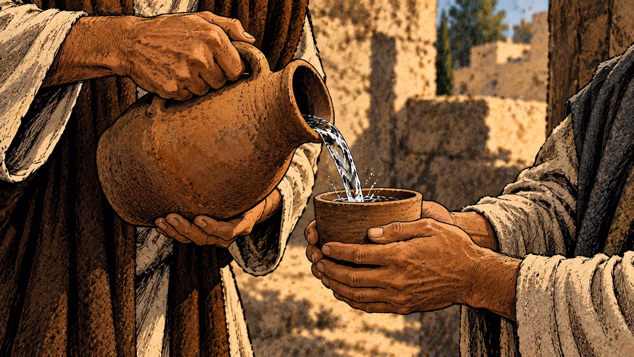 One grown adult pours water from a plain earthenware jug into a cup held by another adult, tight hands-and-vessels composition.