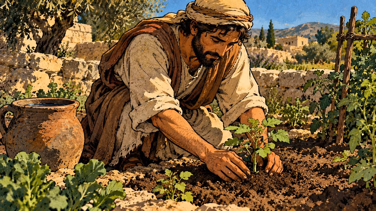 A grown person carefully tends a young plant in a modest sunlit garden, medium overhead view.