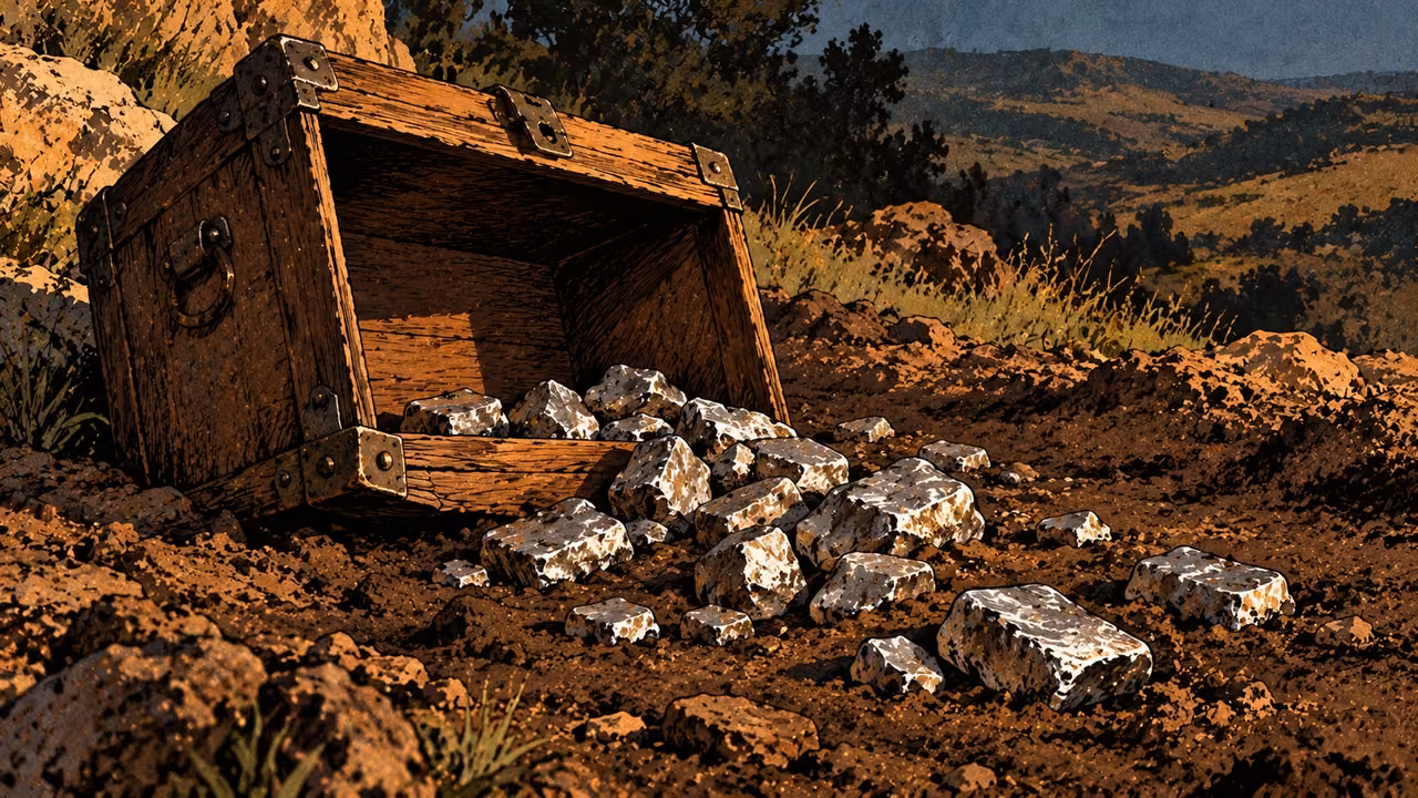 A fallen open wooden chest spills unmarked metal pieces onto dark earth.