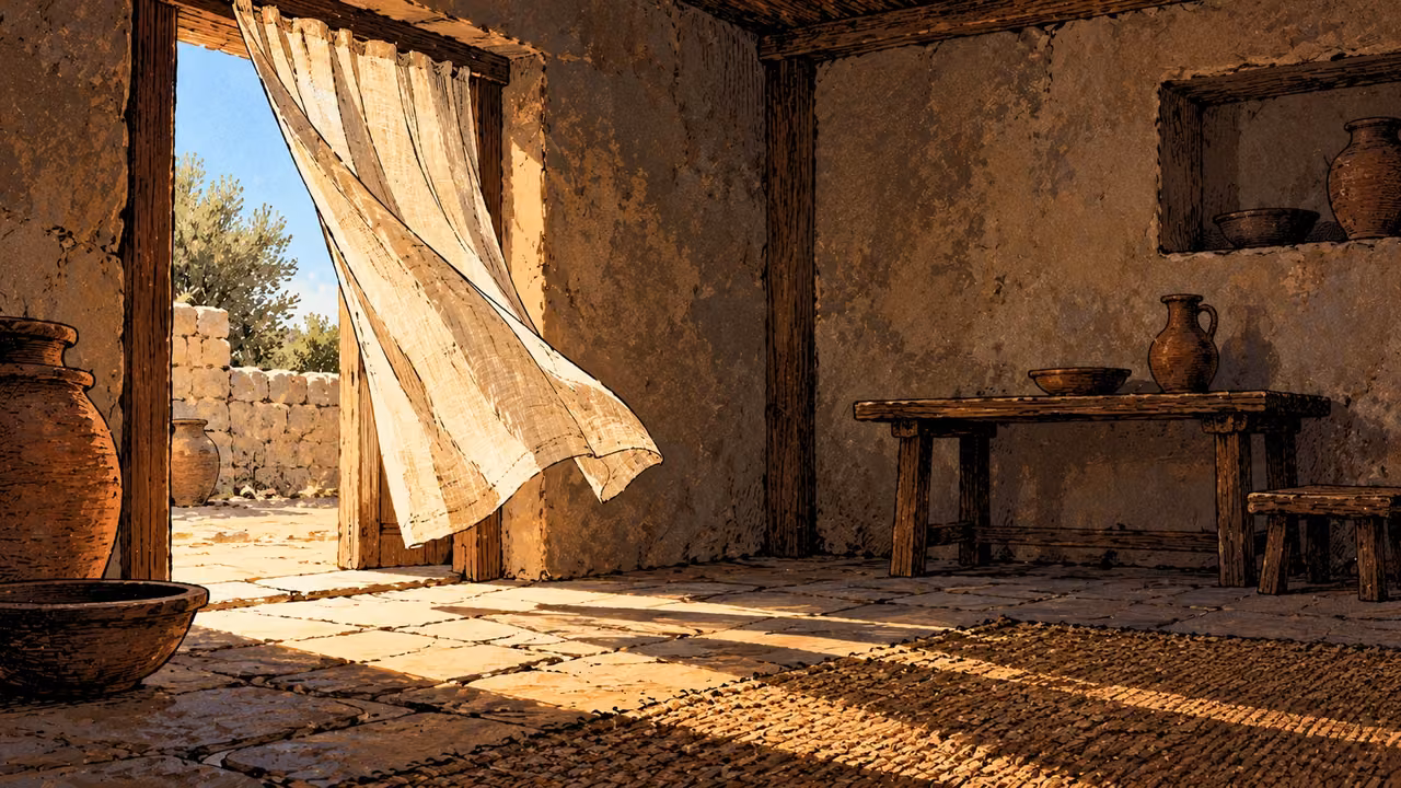 An empty household room has a wind-blown plain curtain at an open doorway, wide quiet interior without people.