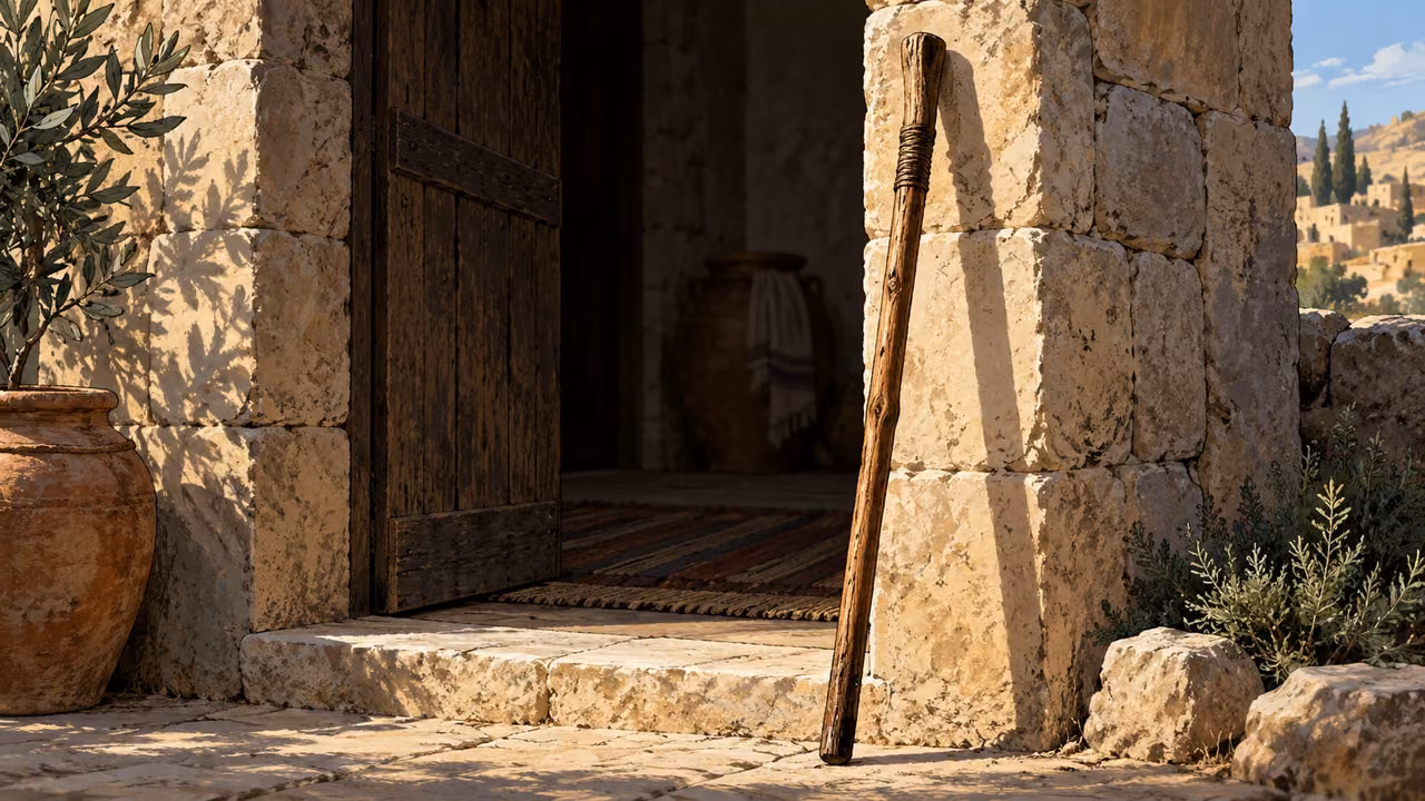 A straight solid wooden walking staff stands against a clear upright stone doorway, low still life with warm daylight.