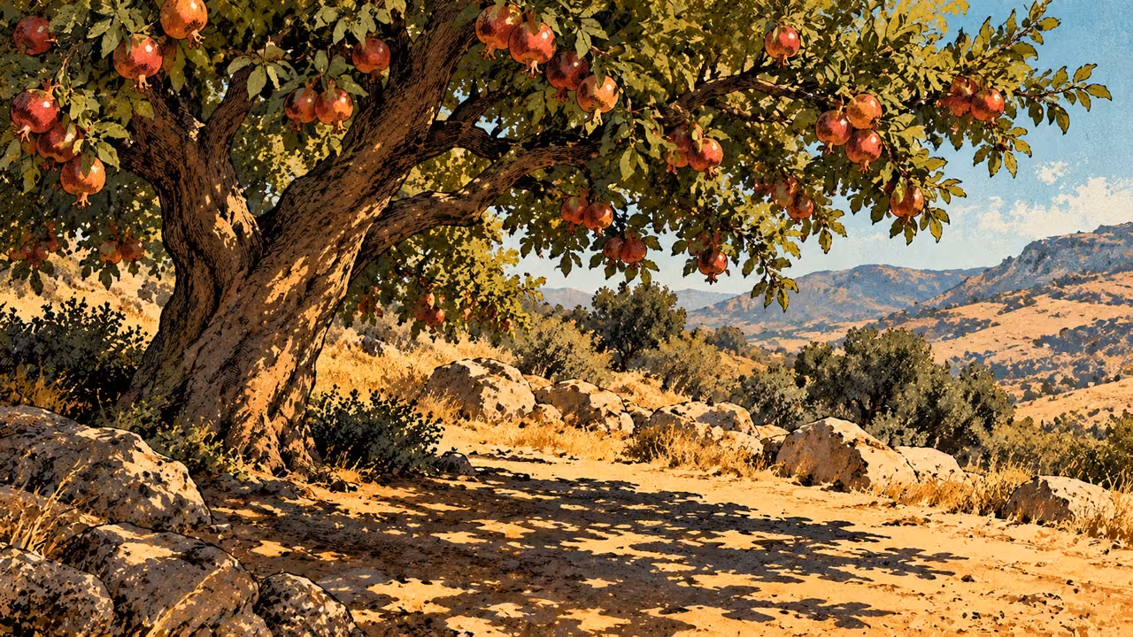 A flourishing fruit tree offers ripe fruit and shade in a dry landscape, low broad natural view without supernatural effects.