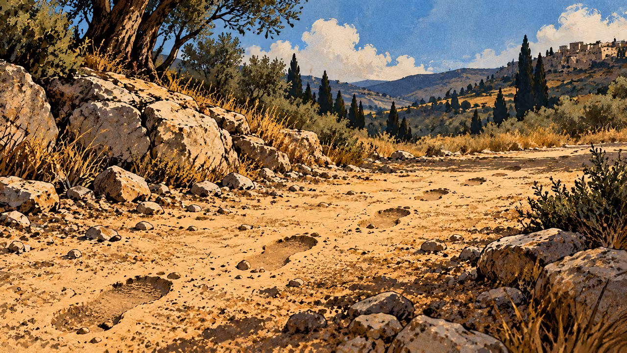 An open natural earthen landscape shows several sets of ordinary human footprints crossing rough ground, wide low view with no figures.