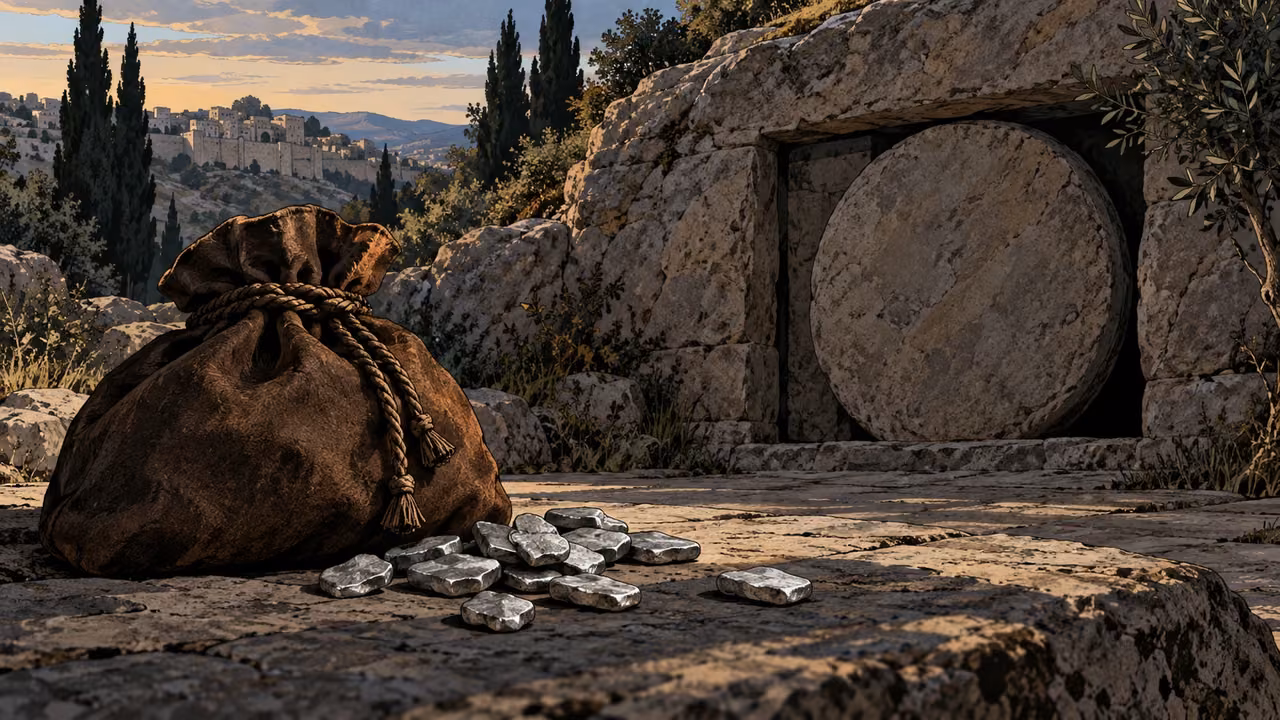 A heavy unopened purse and unmarked silver pieces rest before a closed stone burial doorway, solemn distant object composition.