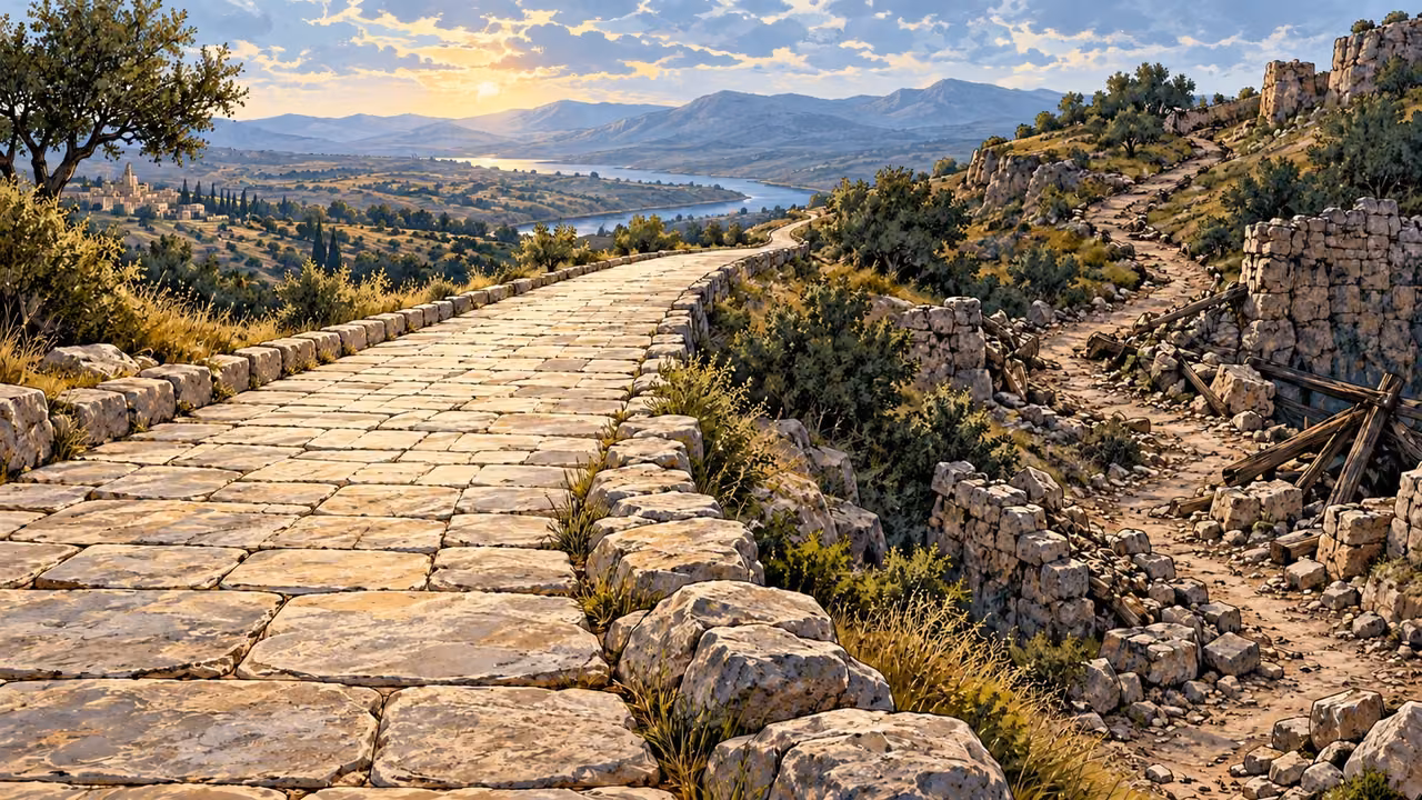 An intact paved road and a broken rough track cross an empty hillside landscape.