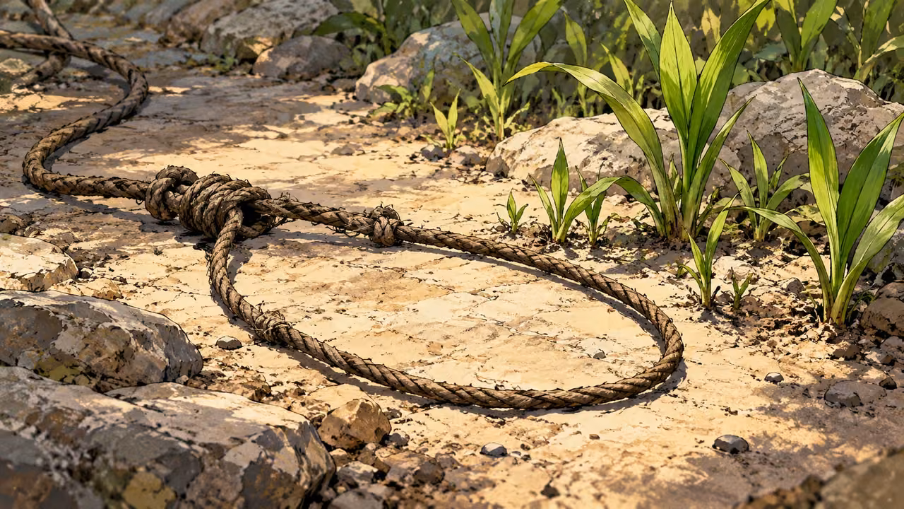 An empty open snare cord lies loosened on pale ground beside fresh green shoots, tight ground-level detail.