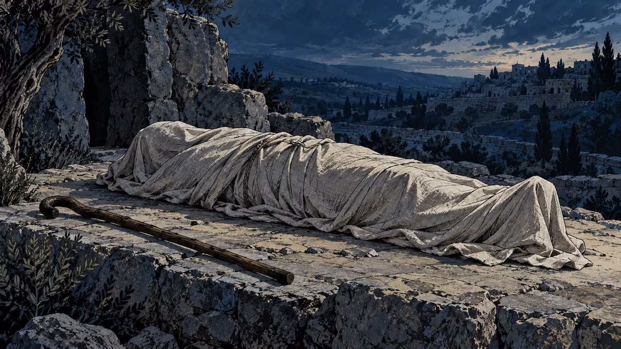A covered adult-sized burial form lies quietly on plain stone beside a fallen walking staff, remote solemn view, no mourners or wounds.