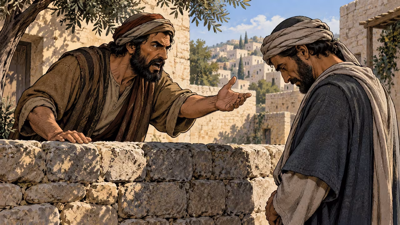 A grown man speaks harshly across a low stone wall toward a second adult with bowed shoulders, close lateral view.