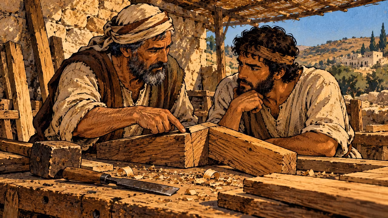 Two grown adults sit at a workbench, an older craftsperson gently indicating a crooked wooden joint while an attentive learner studies it, medium side view.