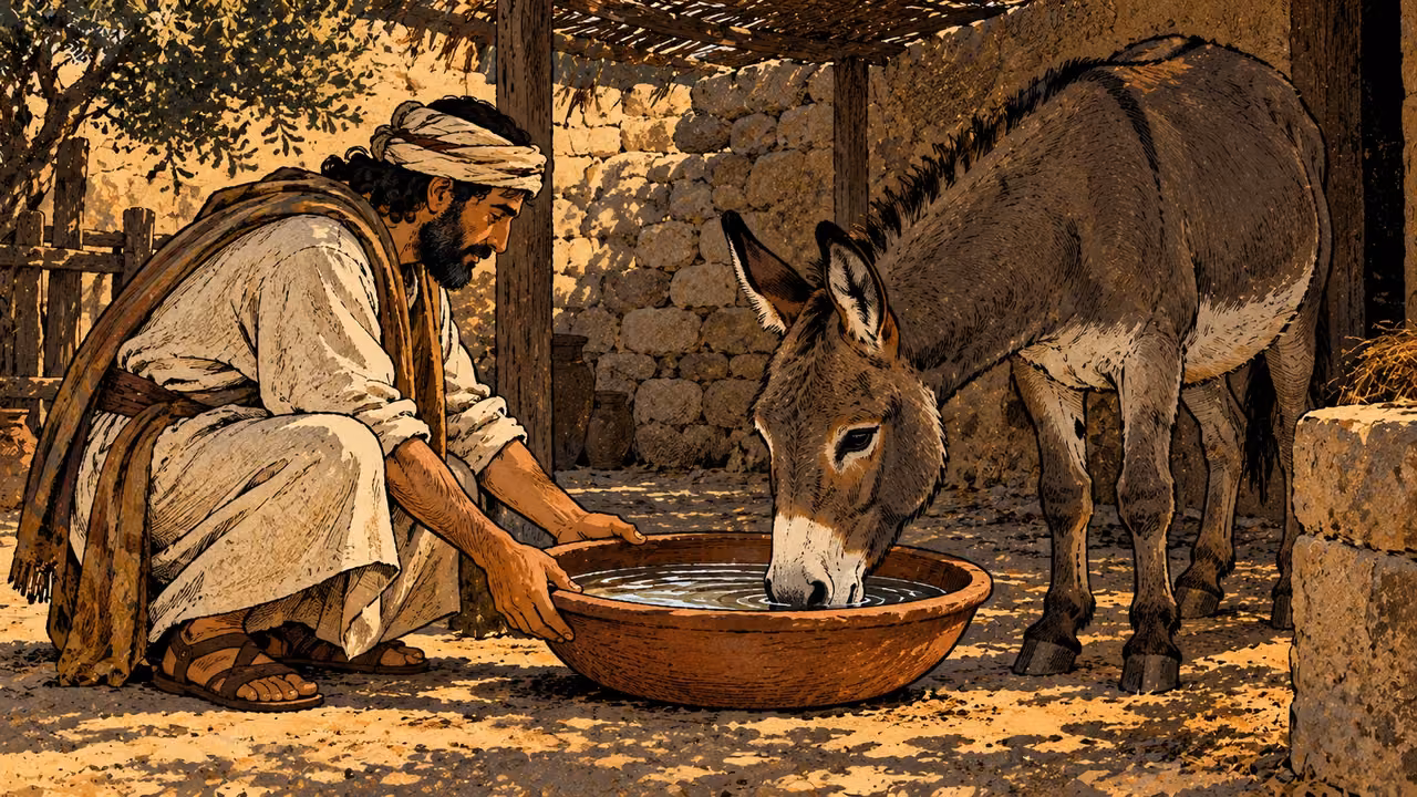 A grown man offers clean water in a low clay basin to a healthy donkey in a shaded yard, medium side view, relaxed careful hands.