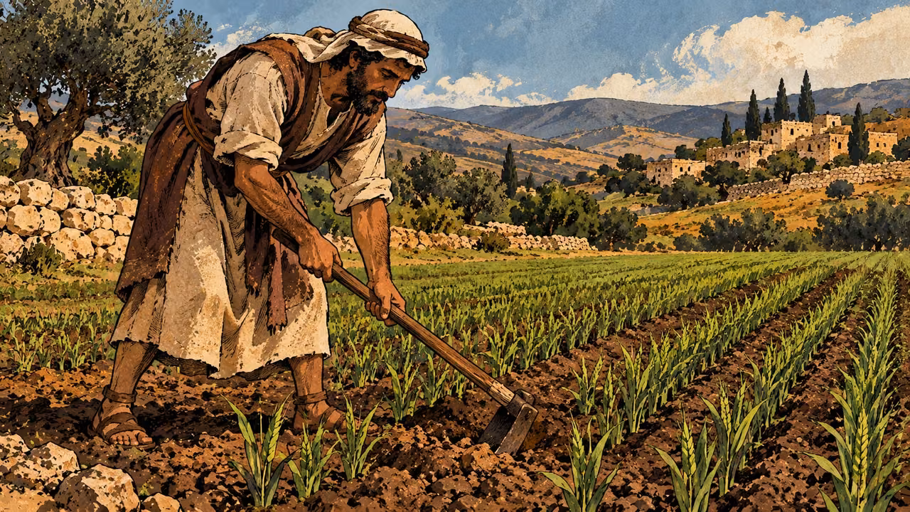 A grown farmer bends to cultivate a fertile field using a plain wooden hoe, broad view with orderly young grain.