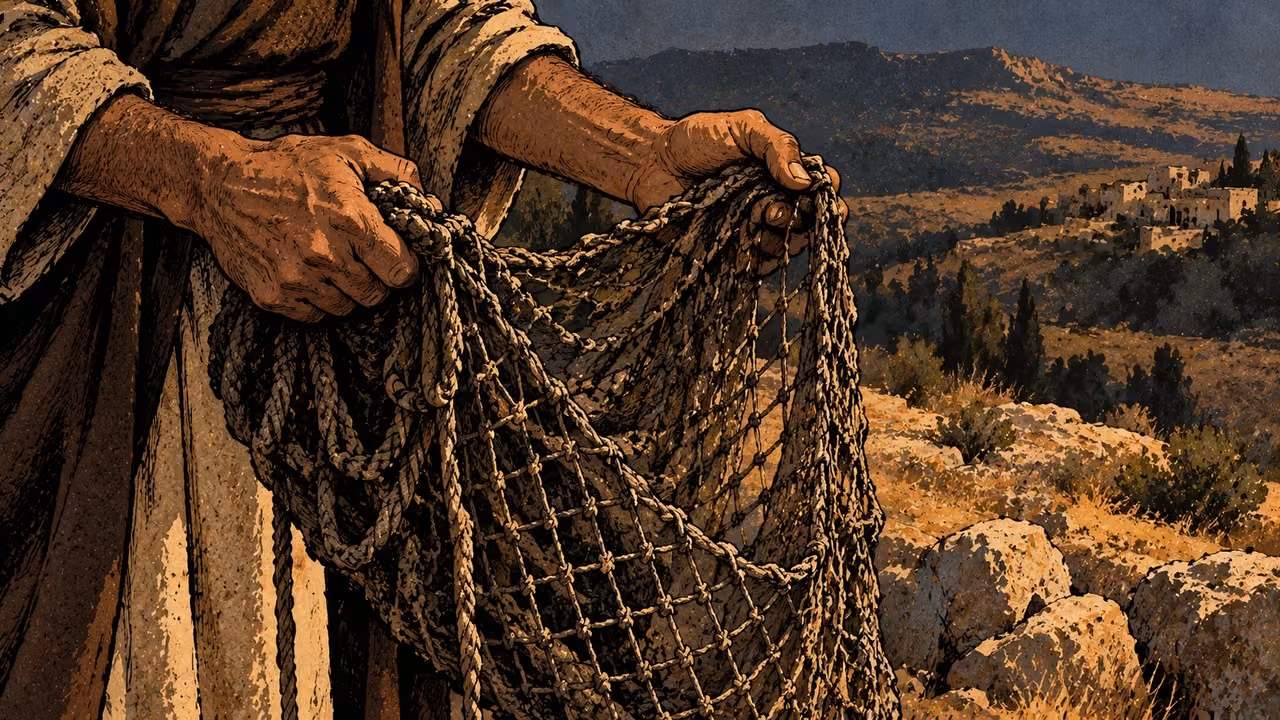 A grown man’s hands clutch an empty bundled hunting net in dark foreground, tight detail, no captured animal, weapons, blood or stolen goods.