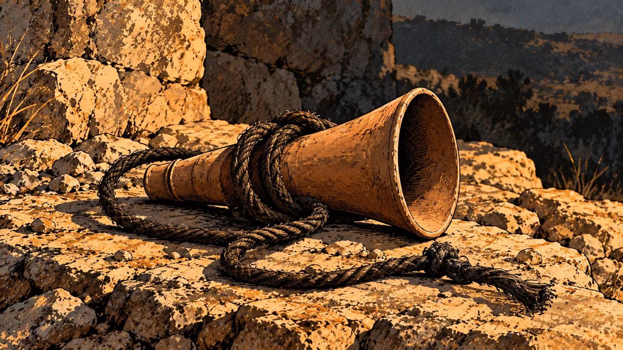 A loose dark cord coils around a small plain clay speaking horn on rough ground, still life in hard shadow, no person or lettering.
