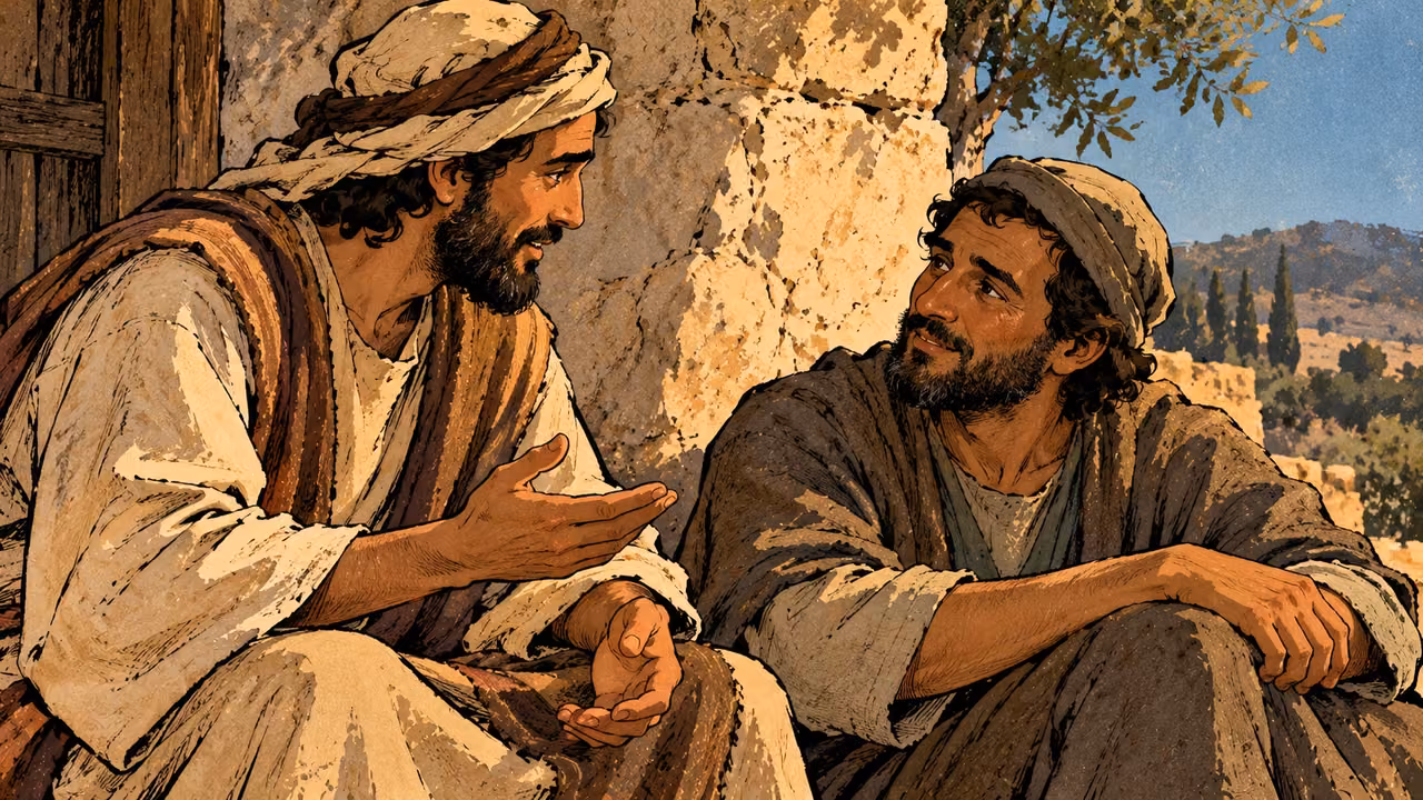 A grown man speaks gently to another seated adult, relaxed welcoming expression, close two-person profile view beside a household wall.