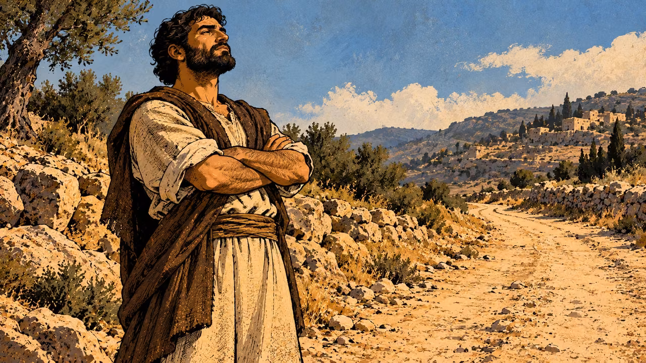 A grown man stands alone with chin raised and arms folded beside a plain road, low portrait, no signs or destination.