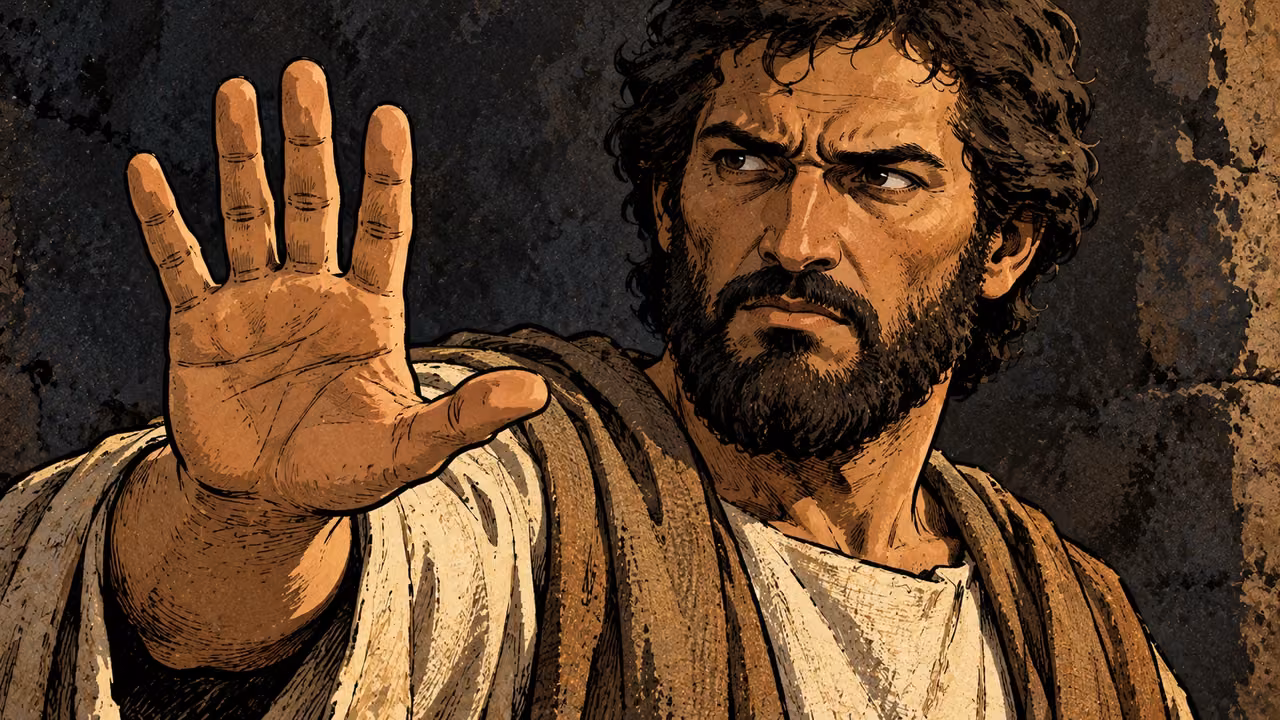 A grown adult’s tense face and raised open hand fill a close portrait against an empty dark wall, no victim or striking action.