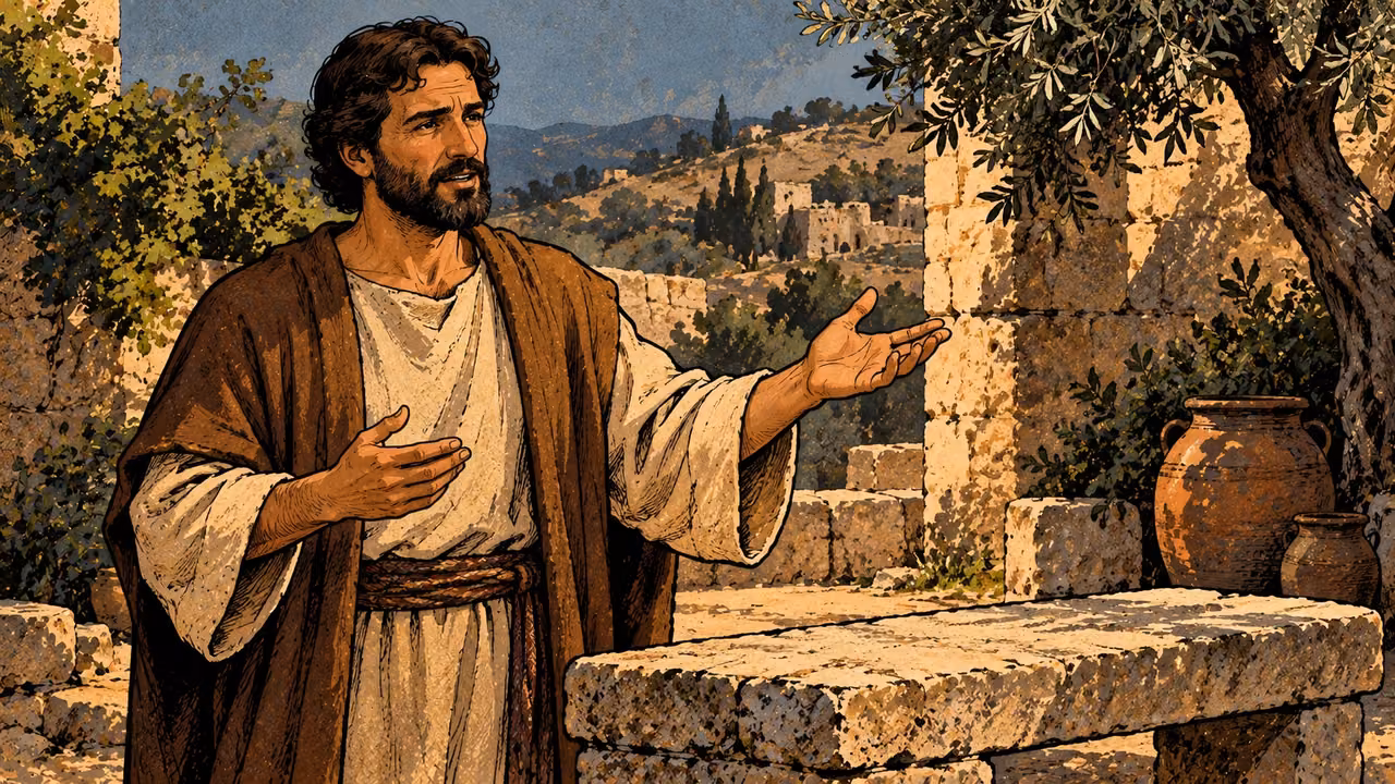 A grown adult stands upright and speaks with an open palm at a plain stone bench, clear eye-level portrait, no audience or lettering.