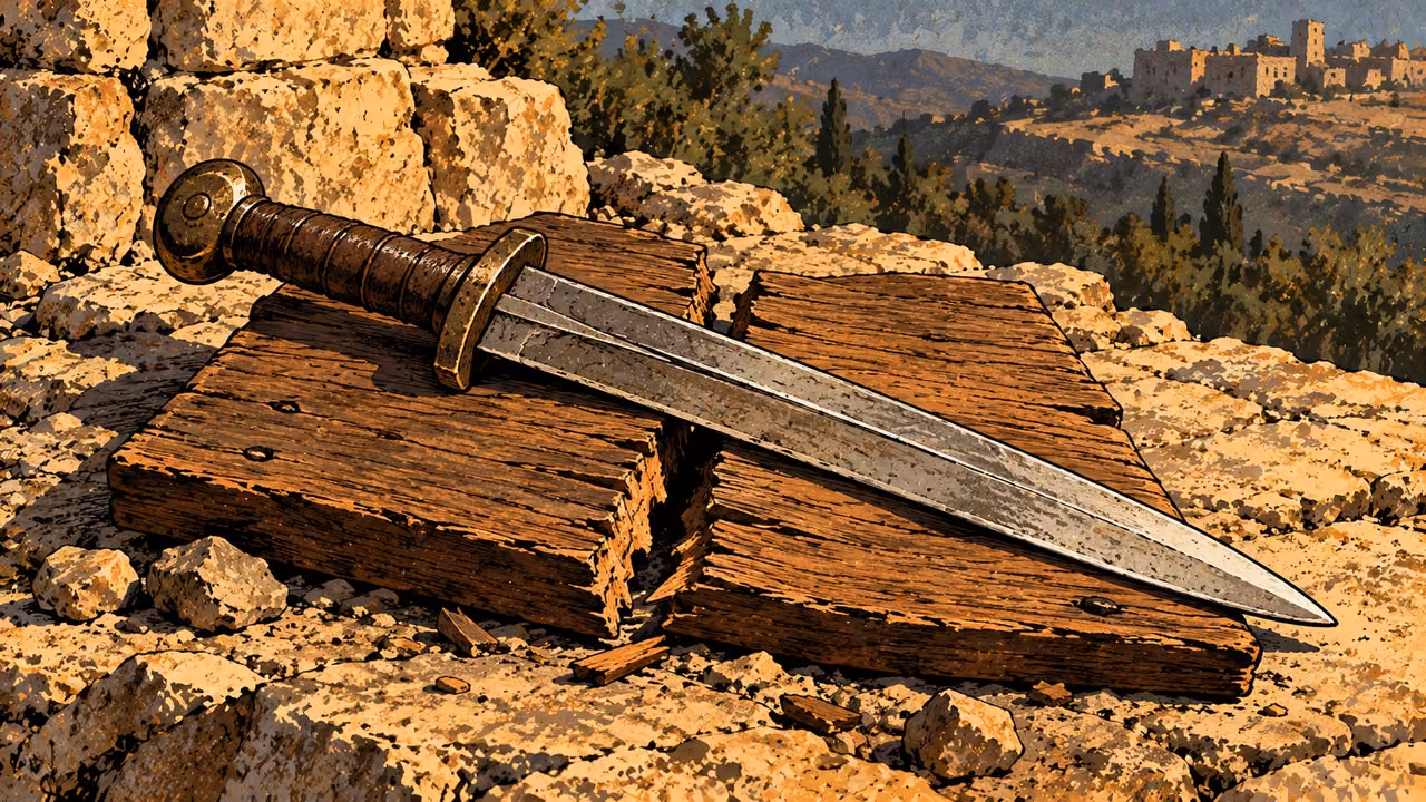A plain ancient short sword rests diagonally across a split empty wooden board, close still life, no blood, body or hand.