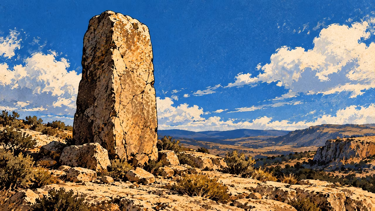 A firmly set plain stone pillar stands weathered but upright beneath a vast blue sky, low broad view, no inscription or people.