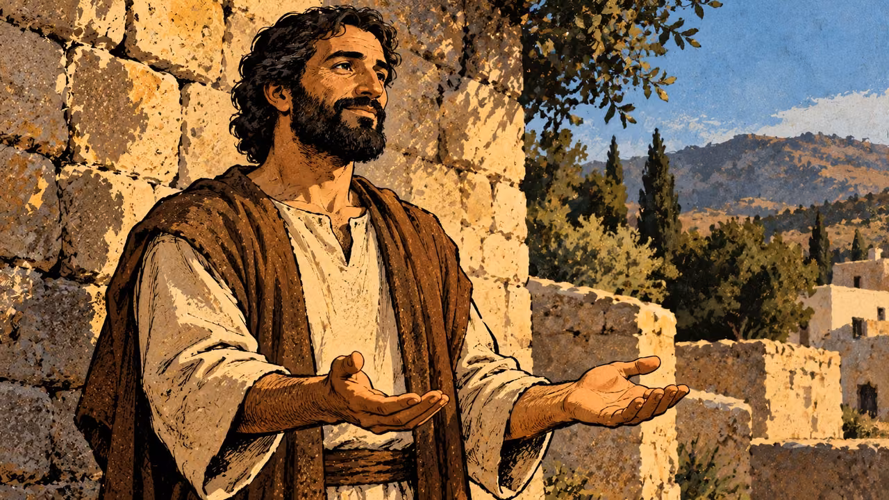 A grown man stands calmly with open empty hands in natural morning light, waist-up quiet portrait beside a plain stone wall.