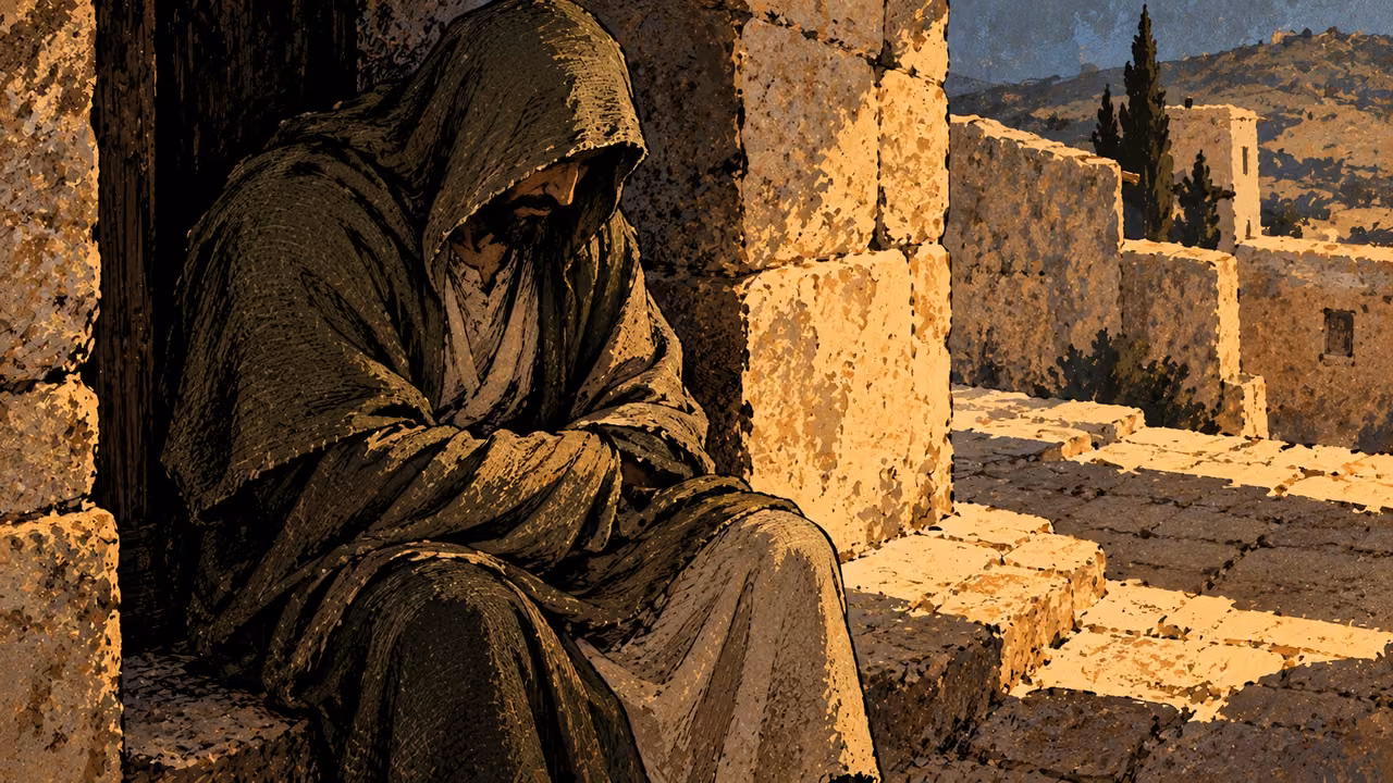 One grown adult sits in shadow with hands tightly hidden beneath a fold of plain cloak, high oblique portrait, no weapon or written plans.