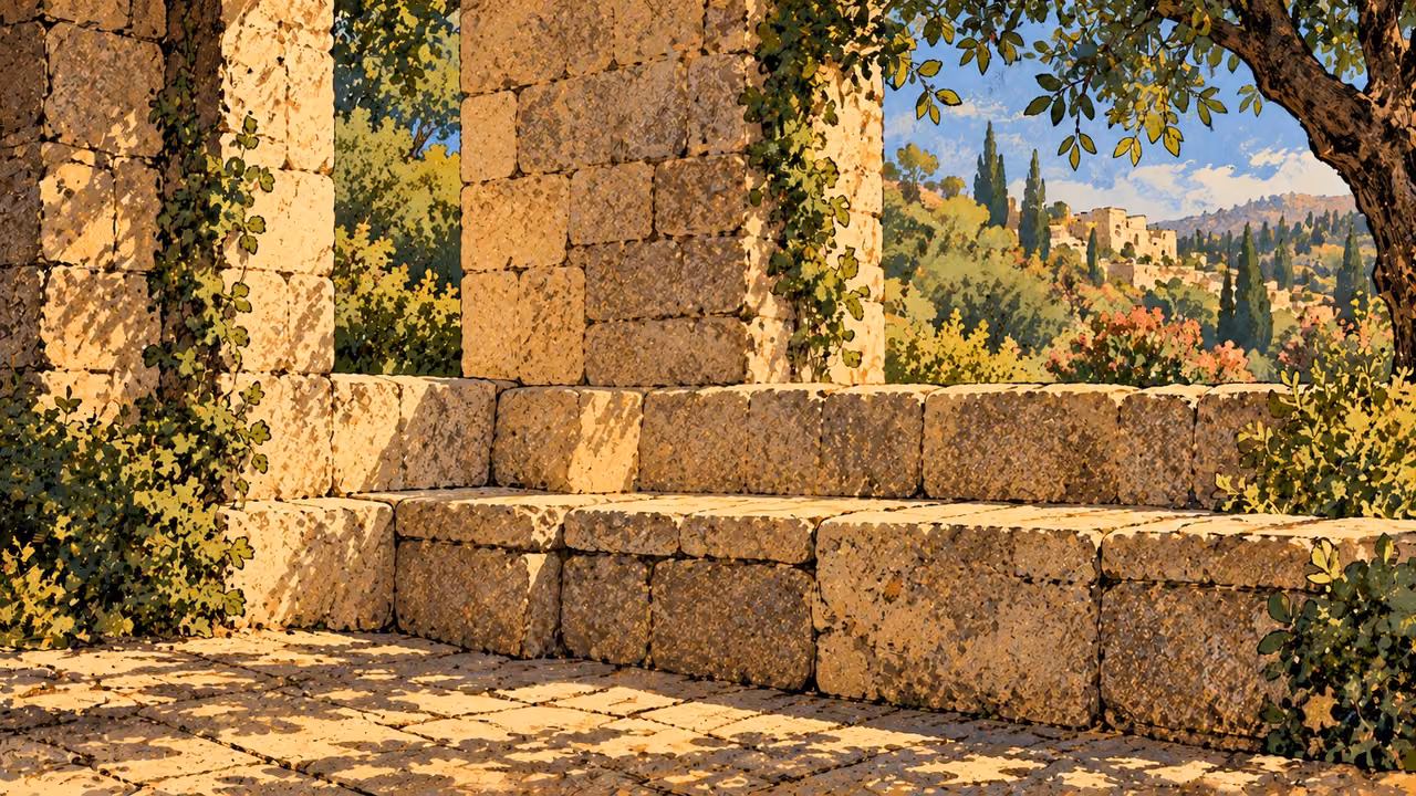 A quiet sheltered alcove opens toward a calm garden, intact stonework and warm daylight, no people or objects of wealth.