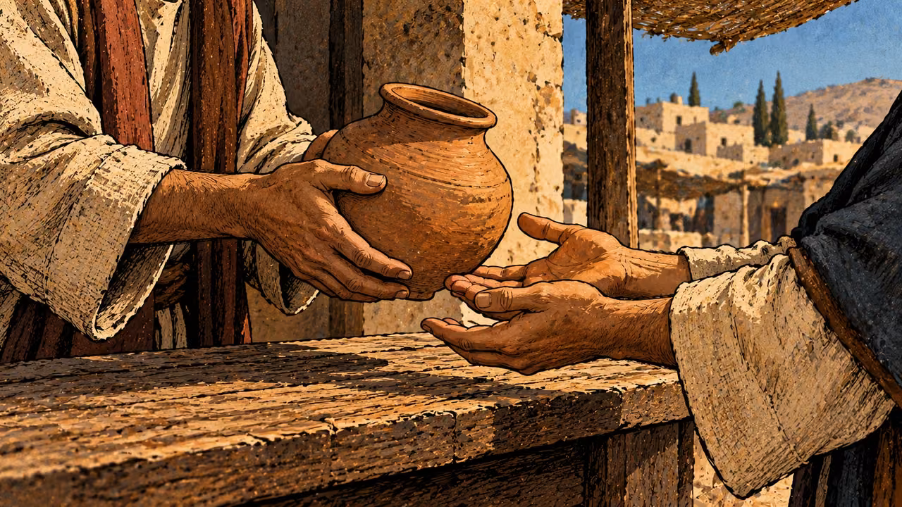 Two adult hands carefully return a plain clay vessel intact into another adult’s waiting hands across a rough wooden counter, close detail, no coins or written receipt.