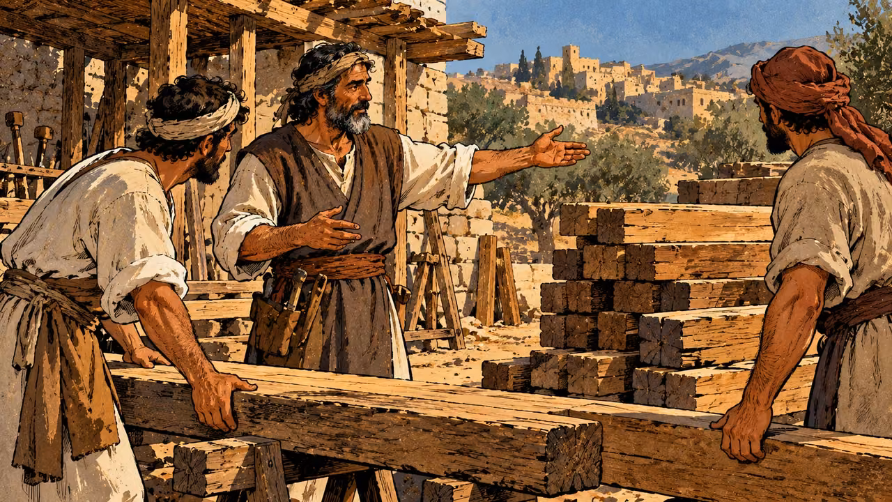A mature worker directs two grown fellow workers with a calm open hand beside organized timber at an ancient workshop, wide eye-level view.