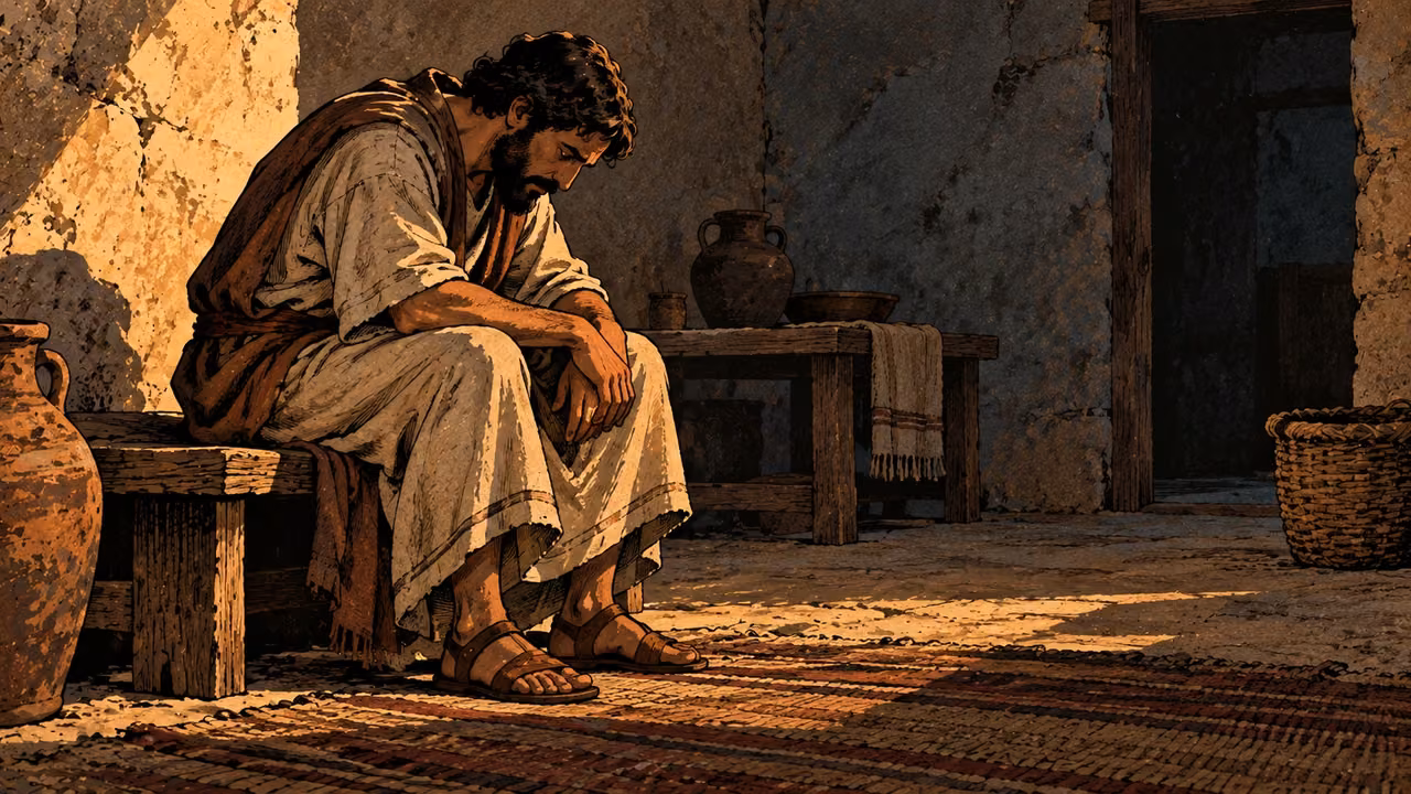 A grown man sits alone bent forward with hands resting on his knees, small figure in a spacious dim household room.