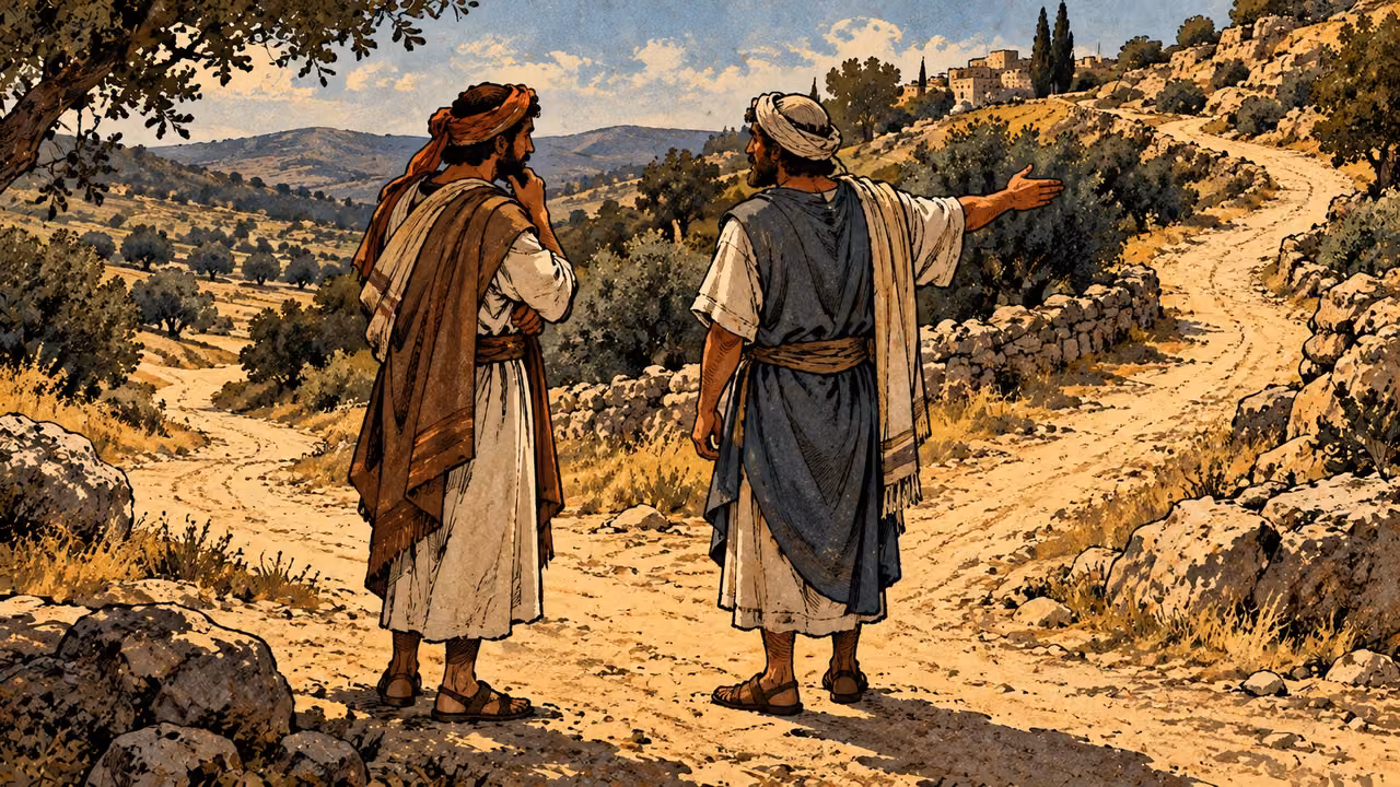 Two grown neighbors stand at a plain countryside junction, one calmly indicating a clear path with an open hand, elevated medium view, no signs.