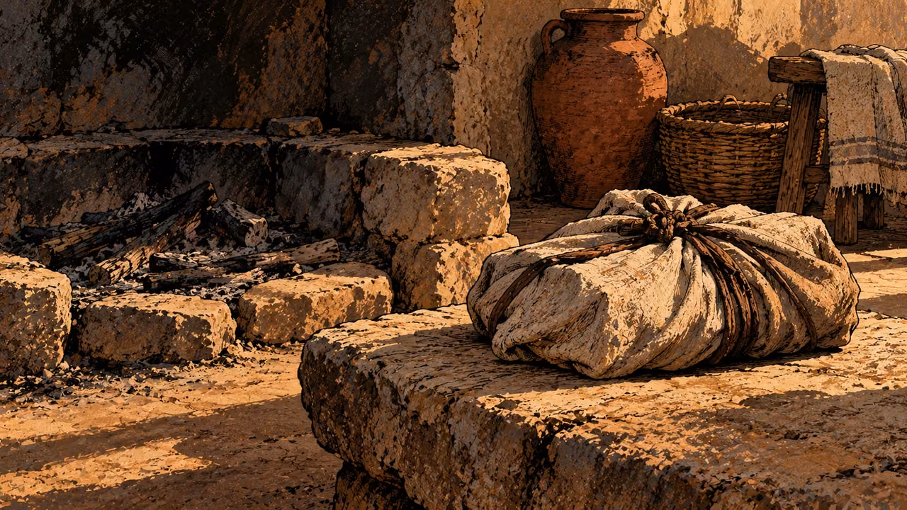 An unlit ancient hearth sits beside a plain covered game bundle on a rough stone slab, quiet interior still life, no exposed animal parts, blood or person.