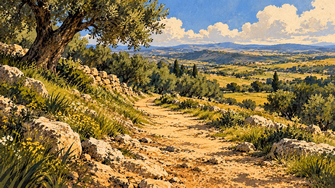 A long sunlit earthen path passes through flourishing green countryside toward an open horizon, expansive natural landscape, no people, tombs or supernatural gateway.