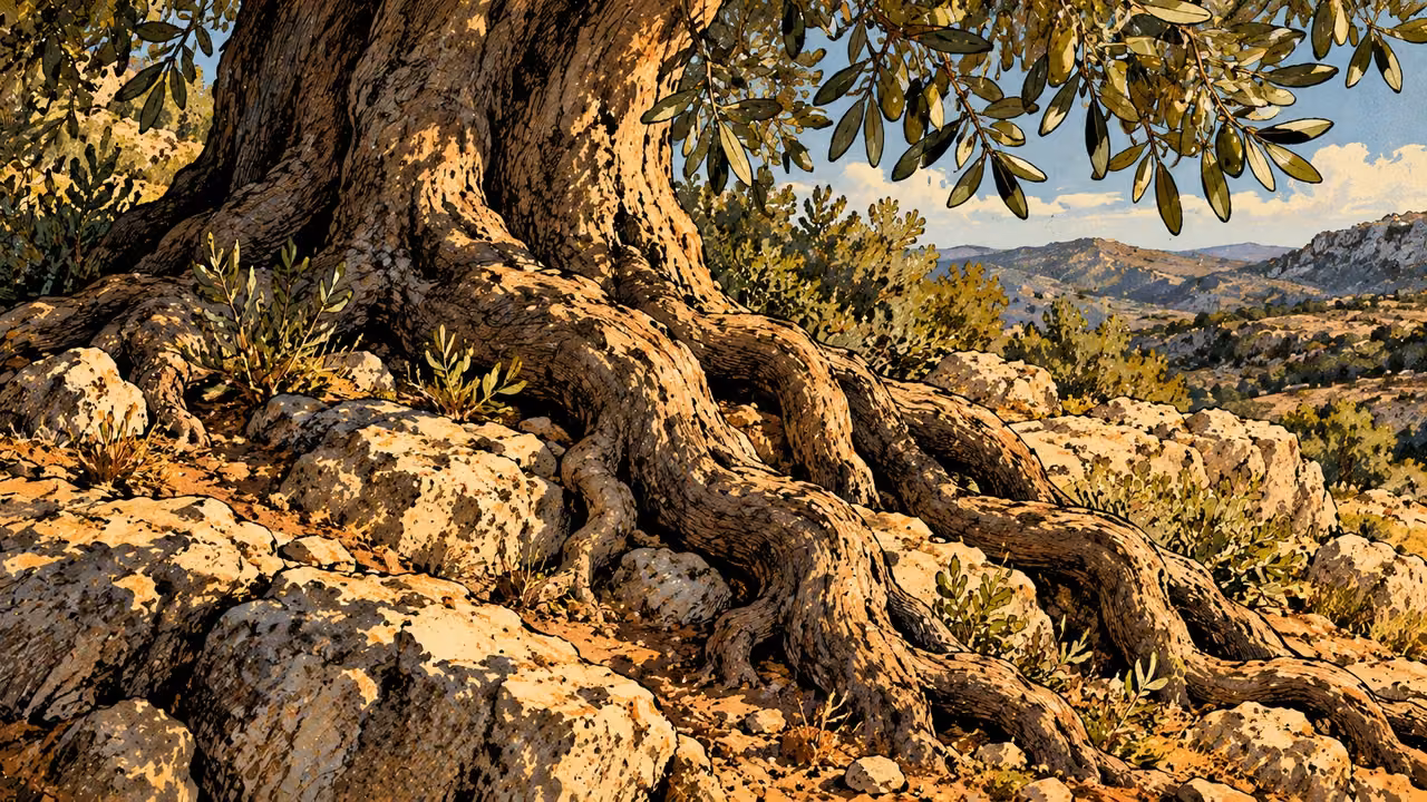Thick living olive roots grip weathered earth and stones on a hillside, low close natural view, green growth above; no people.