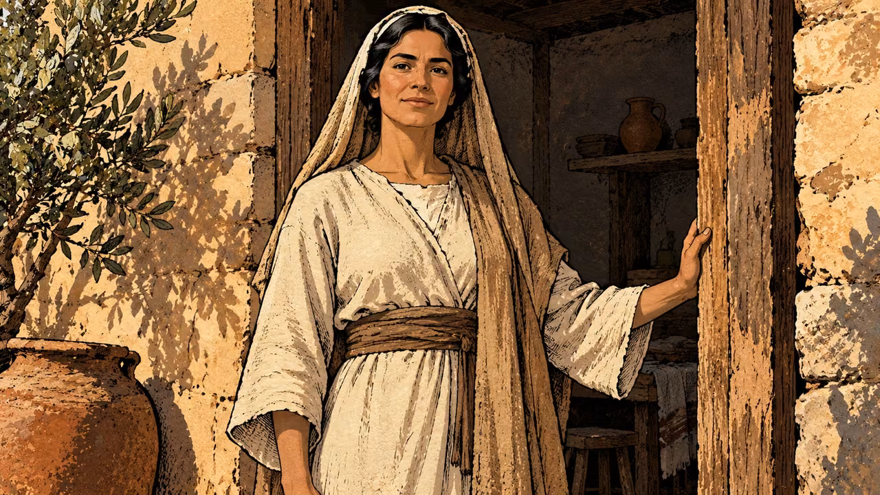 A mature capable woman in plain fully covering linen stands upright in a modest household doorway, calm dignified frontal portrait; no crown or jewelry.