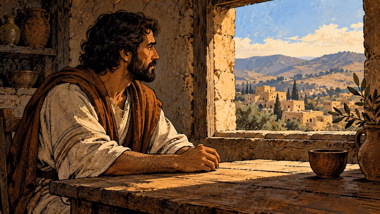 A thoughtful grown adult sits alone by an open window, hands relaxed on a plain table, profile in soft daylight.