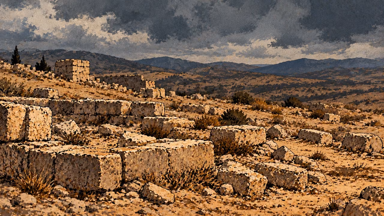 Low ruined stone foundations disappear into rough earth, empty wide landscape beneath overcast sky.