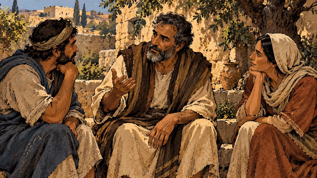 Two grown adults regard a thoughtful mature man with respectful attentive faces at a courtyard bench, quiet medium group portrait; no applause spectacle.
