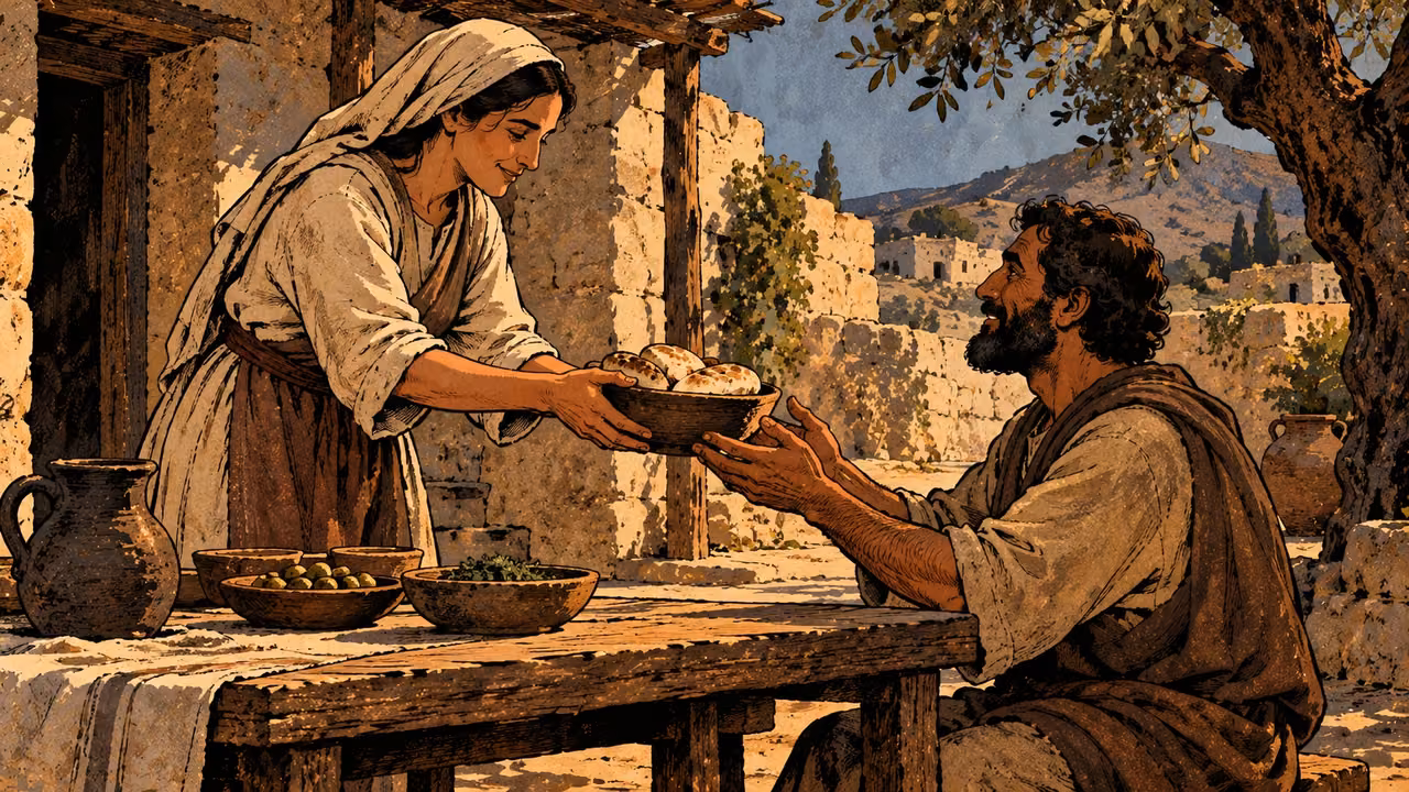 Two grown household adults in simple clothing, one tending a plain bread table while the other receives a bowl, modest courtyard wide view.