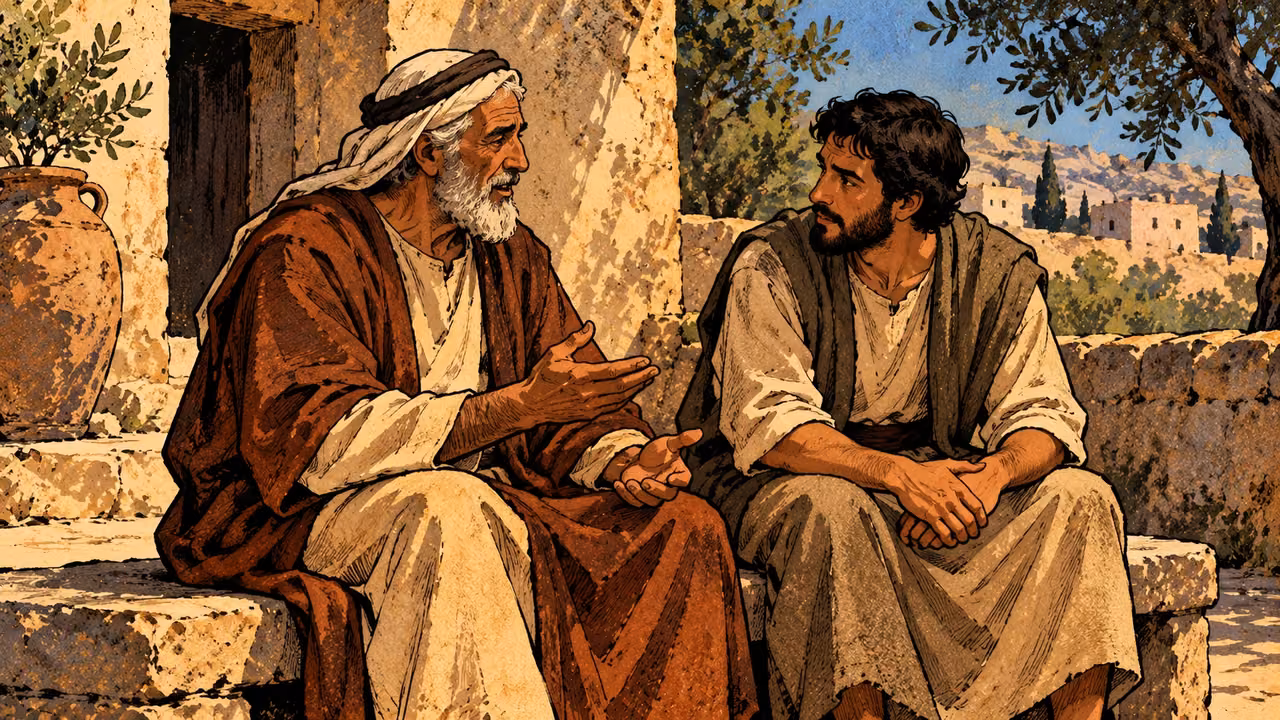 An elderly father speaks with an attentive grown son beside a courtyard bench.