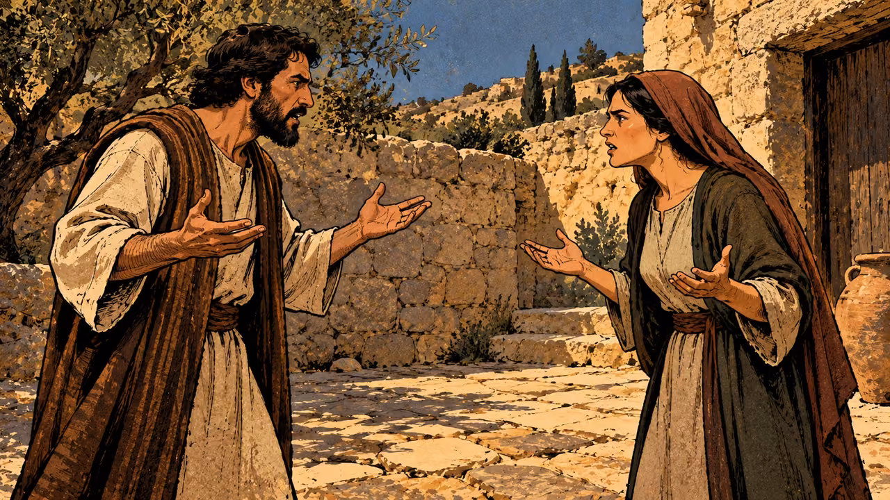 Two grown adults face each other with tense expressions and raised open palms.