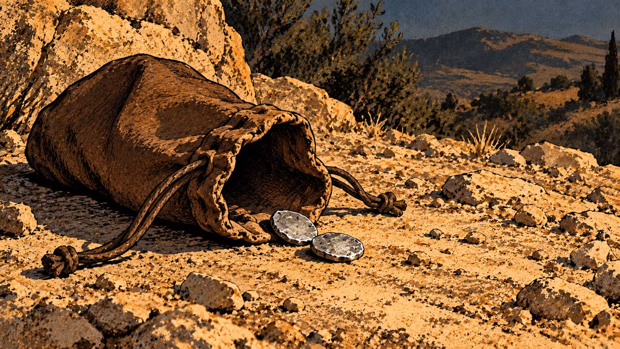 A nearly empty purse spills two unmarked metal pieces on dusty earth.